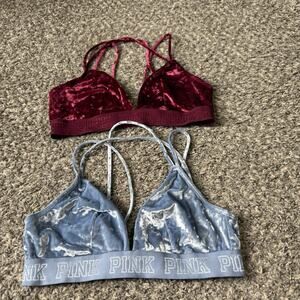 Victoria's Secret PINK Blue Maroon Velvet Bralette Strappy Bra Size L 2 Lots